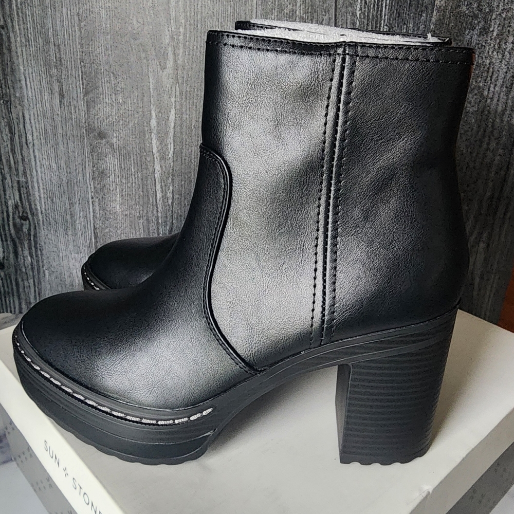 Sun + Stone Womens Kiinsley Faux Leather Block Heel Ankle Boots| Size 8M|New W B